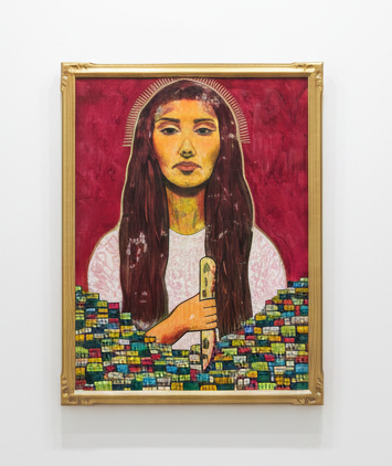 GOLD FRAMED WOMAN WITH KNIFE PAINTING