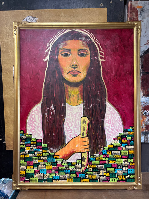 GOLD FRAMED WOMAN WITH KNIFE PAINTING