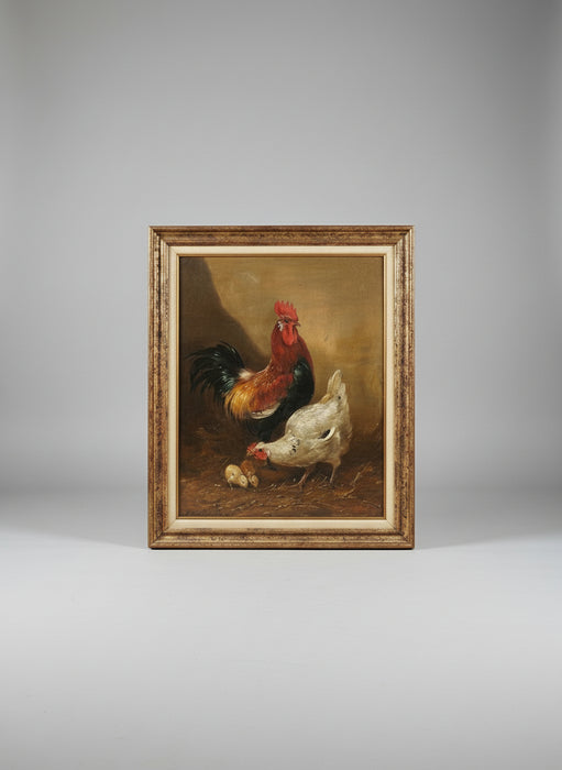 LARGE OIL ON CANVAS PAINTING OF TWO CHICKS & ROOSTER BY P.H. SCHOUTEN