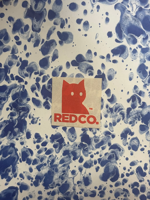 SET OF 4 MEDIUM BLUE AND WHITE SPLATTER WARE RED CO. PLATTERS