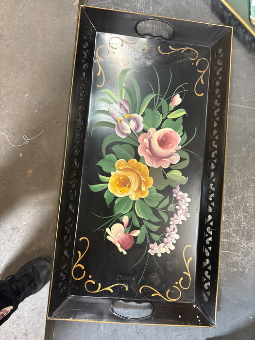 LARGE LONG BLACK AND GOLD FLORAL TOLE PAINTED TRAY