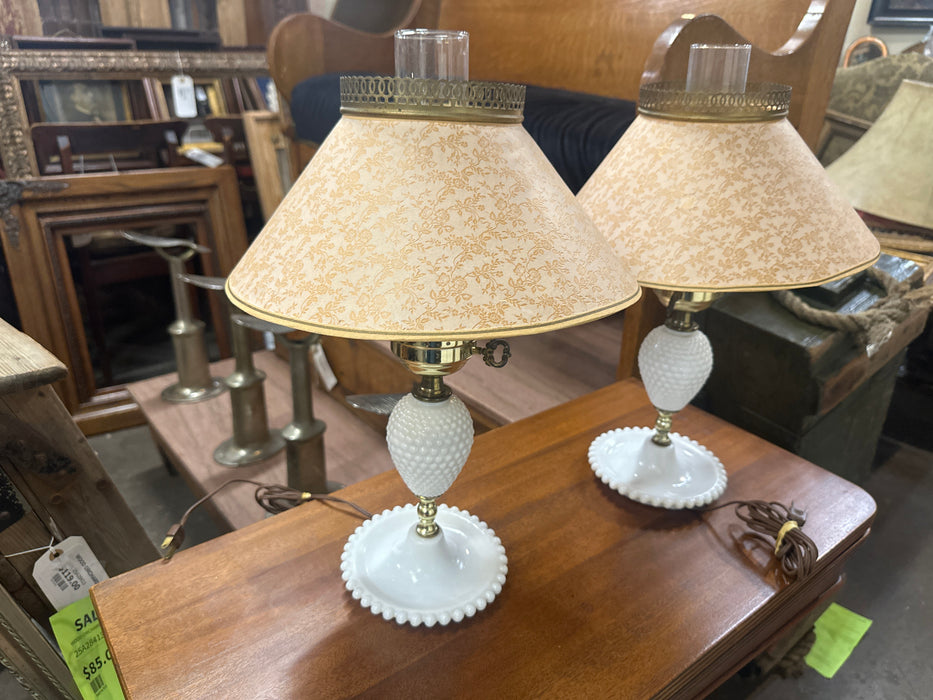 PAIR OF MILK GLASS HOBNAIL LAMPS