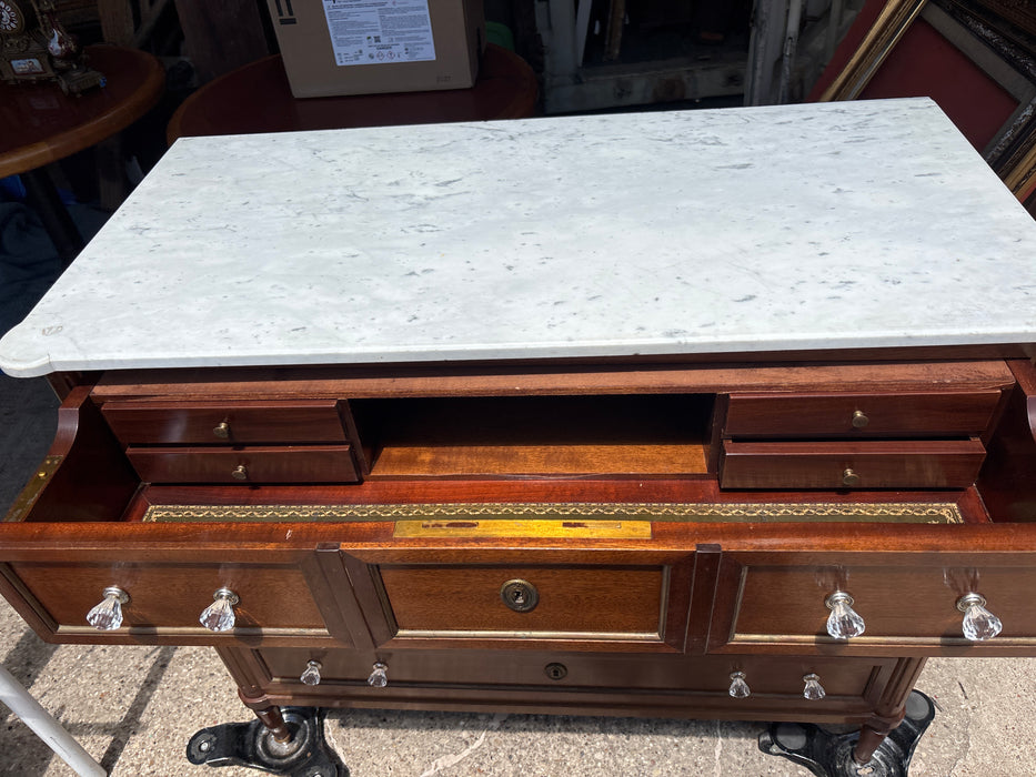 LOUIS XVI WHITE MARBLE TOP MAHOGANY 4 DRAWER CHEST