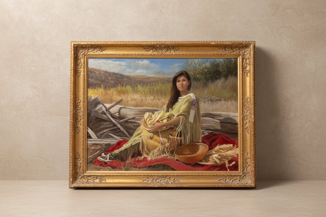 LARGE RUSTIC FRAMED OIL PAINTING OF INDIAN WOMAN - SIGNED SHERRY HARRINGTON 2003