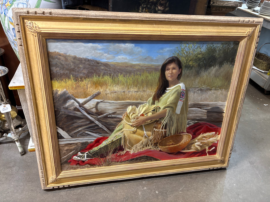 LARGE RUSTIC FRAMED OIL PAINTING OF INDIAN WOMAN - SIGNED SHERRY HARRINGTON 2003