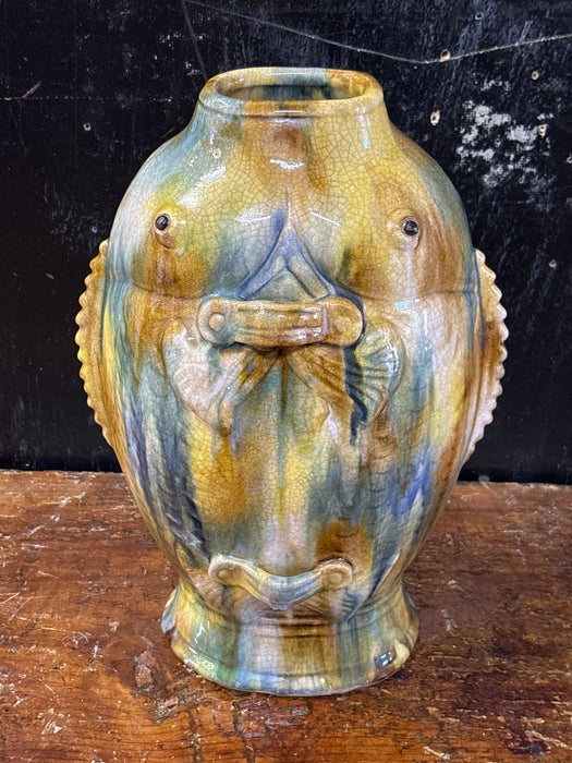BLUE AND YELLOW GLAZED POTTERY FISH