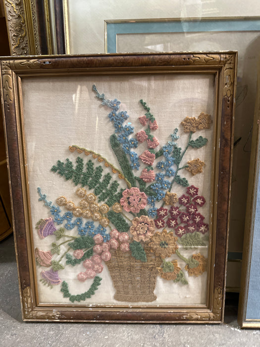 FRAMED EMBROIDERED FLOWERS IN BASKET