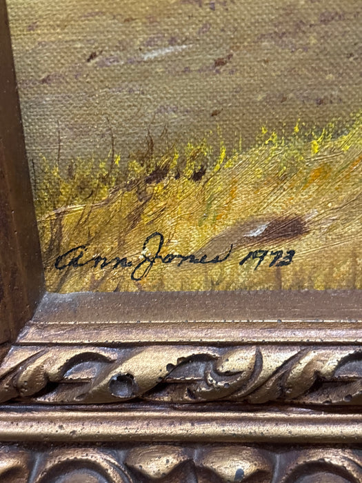 FRAMED LANDSCAPE OIL PAINTING ON CANVAS, SIGNED ANN JONES DATED 1973