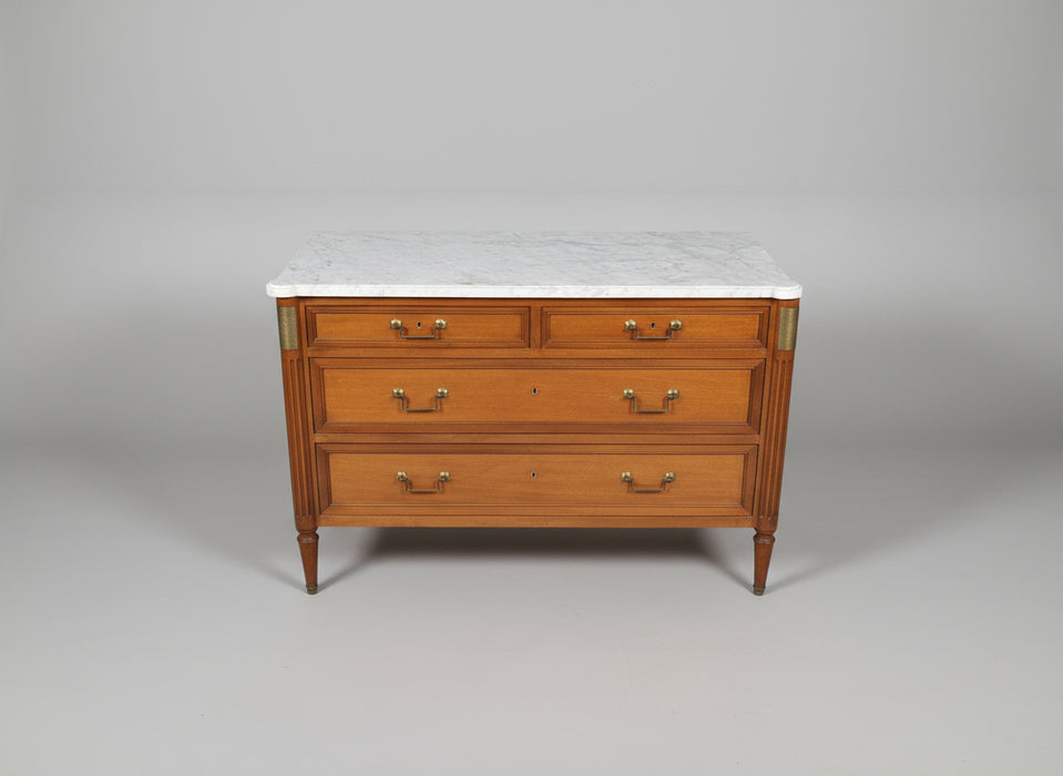 4 DRAWER LOUIS XVI MAHOGANY WHITE MARBLE TOP CHEST