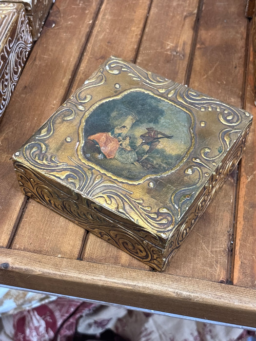 LARGE DARK GOLD SQUARE FLORENTINE BOX WITH DECOUPAGE PAINTING OF MAN SERENADING WOMEN