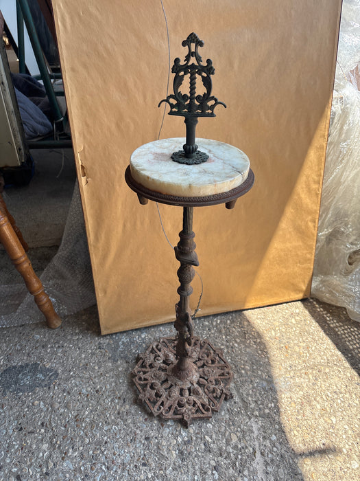 SMALL IRON PEDESTAL SMOKERS STAND WITH MARBLE - AS FOUND