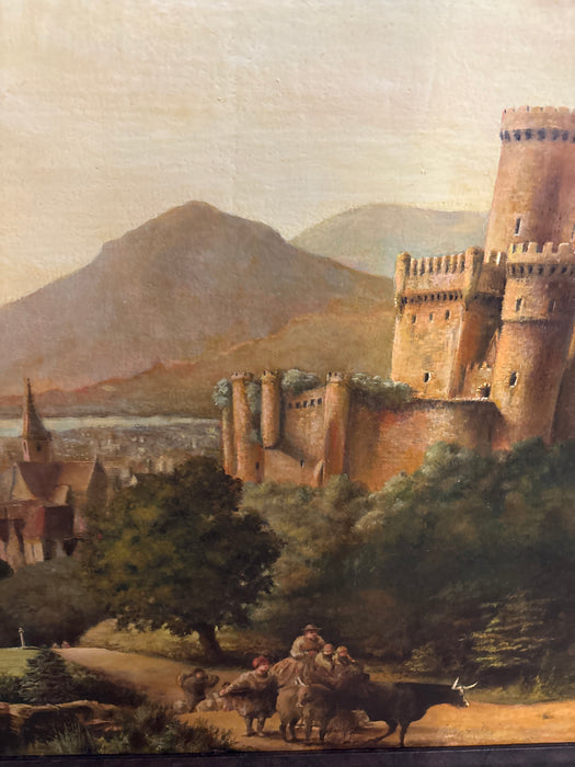 VINTAGE FRAMED CASTLE OVERLOOKING VILLAGE LANDSCAPE OIL PAINTING ON CANVAS