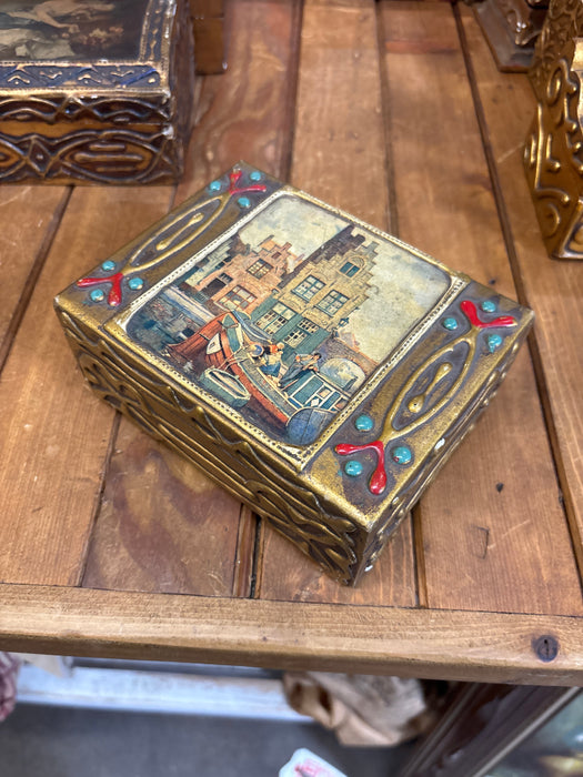 MEDIUM DARK GOLD, RED AND BLUE FLORENTINE BOX WITH DECOUPAGE PAINTING OF CANAL