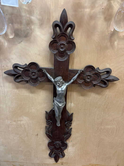 LARGE FLEUR DE LIS OAK CRUCIFIX