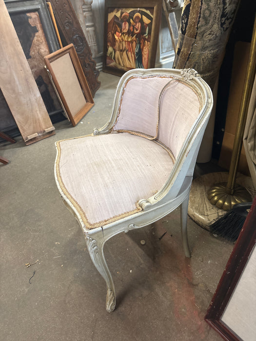 LOUIS XVI LOW GRAY ARCHED BACK PAINTED VANITY CHAIR - AS FOUND