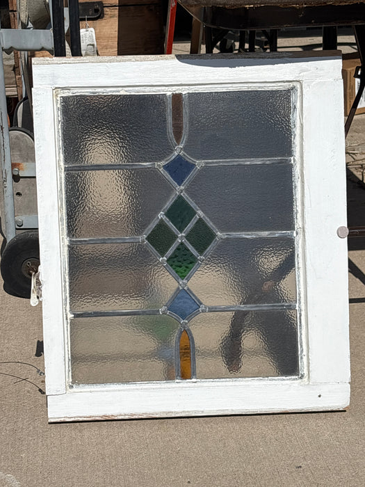 WHITE FRAMED MEDIUM GEOMETRIC ENGLISH STAINED GLASS WINDOW