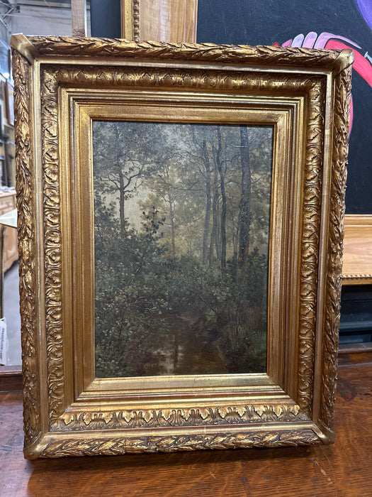 19TH CENTURY LOUIS DERICKX SMALL SYLVAN LANDSCAPE PAINTING WITH GOLD FRAME