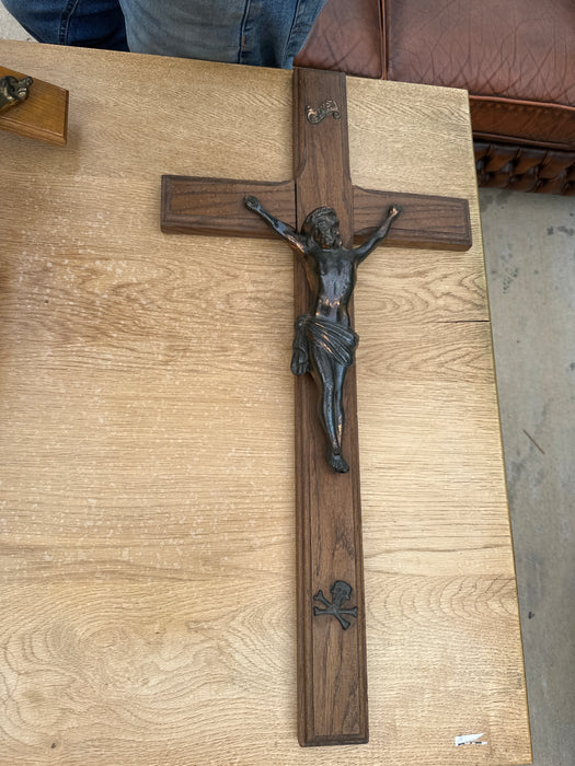 LARGE  ROSEWOOD AND SPELTER CRUCIFIX