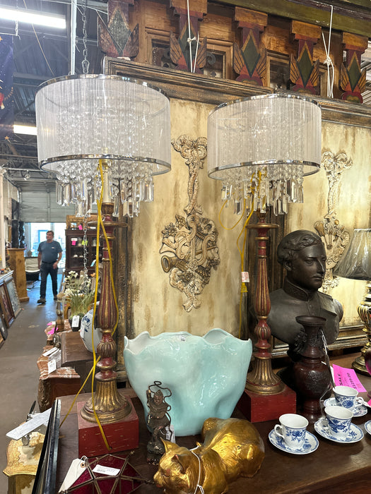 PAIR OF RED AND GOLD TALL REEDED LAMPS