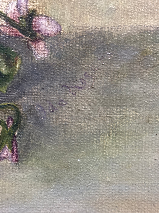 SMALL ORNATE GILT FRAMED OIL PAINTING OF PURPLE FLOWERS - SIGNED