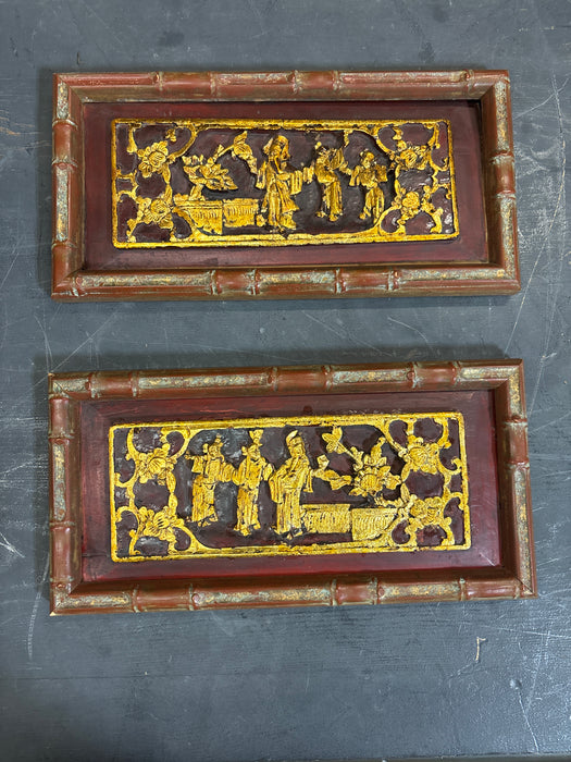 PAIR OF SMALL CHINESE RED AND GOLD FAUX BAMBOO PANELS