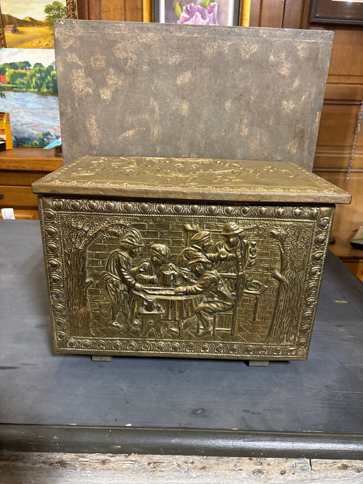 BRASS EMBOSSED COAL BOX OF PEOPLE IN PUB WITH HANDLES