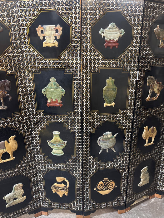 ASIAN SCREEN PANEL WITH HAND CARVED STONE FIGURES