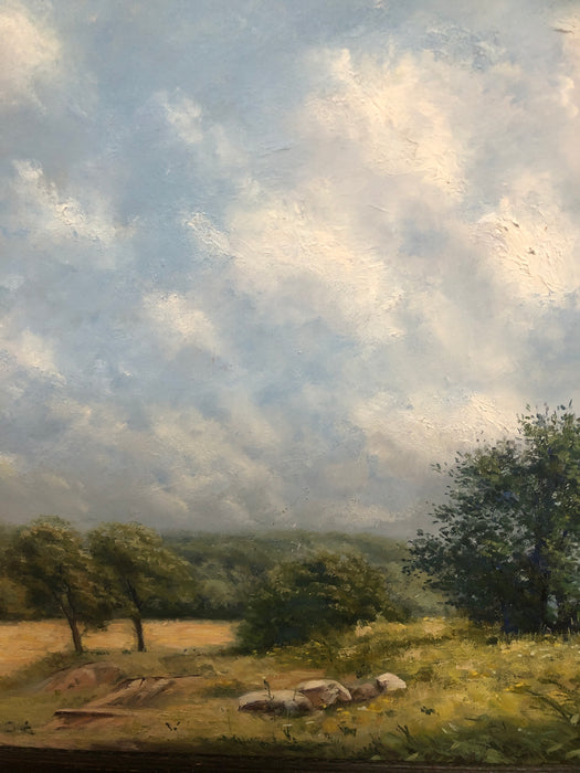 BURLED FRAME LANSCAPE OIL PAINTING ON BOARD OF MEADOW WITH CLOUDS