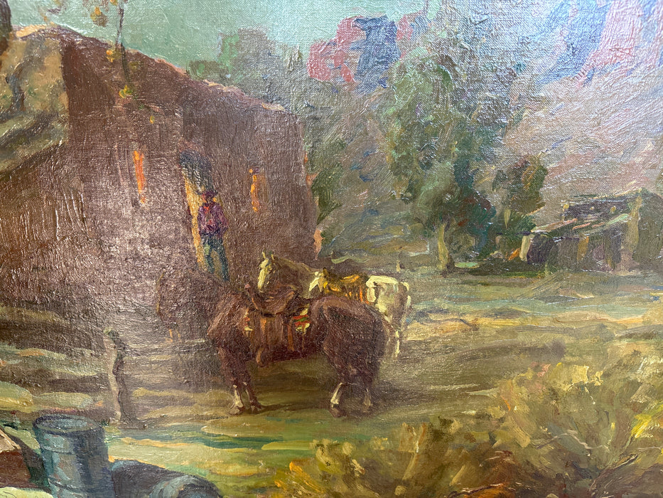 LARGE GILT FRAMED OIL PAINTING OF HORSES AND MAN IN ADOBE HOUSE - SIGNED W. DARLING
