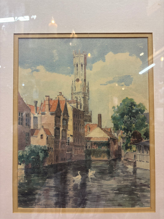 THIN GOLD METAL FRAMED COLORED PRINT OF SWANS IN CANAL - SIGNED