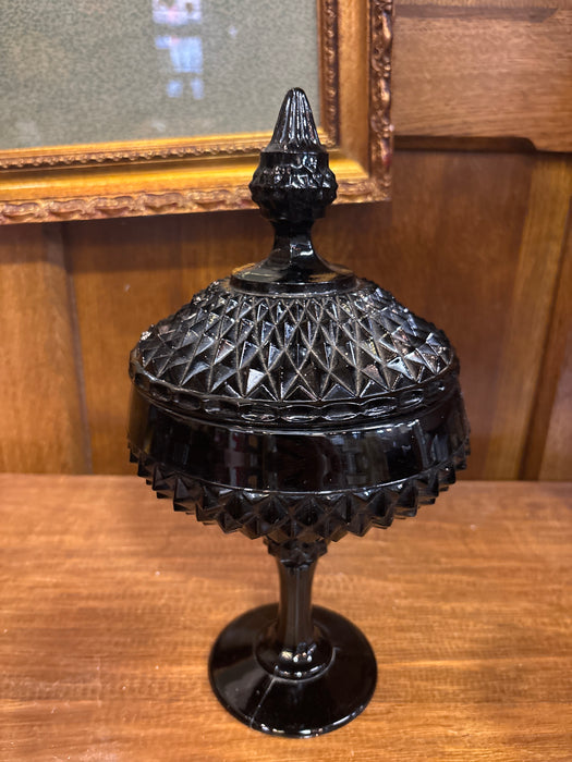 INDIAN BLACK AMYTHYST GLASS FOOTED CANDY JAR WITH LID