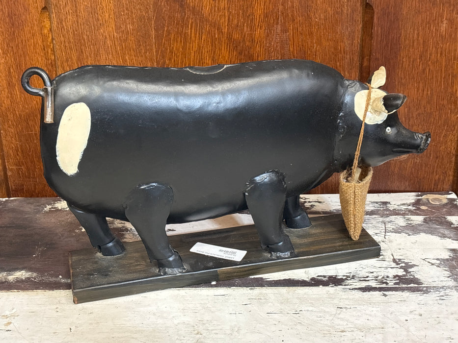 LARGE BLACK TIN PIG BANK WITH WOVEN BAG