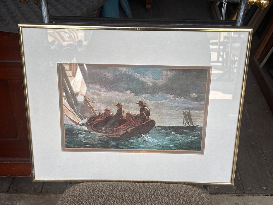 GOLD FRAMED IMPRESSIONIST PRINT OF MEN ON SAILBOAT - SIGNED WINSTON HOLMER