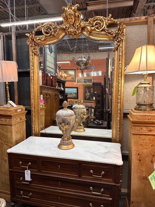 VERY LARGE MASK CROWNED GILT BEVELED MIRROR