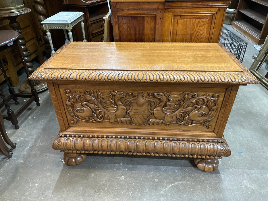 LARGE OAK GRIFFIN CARVED COFFER