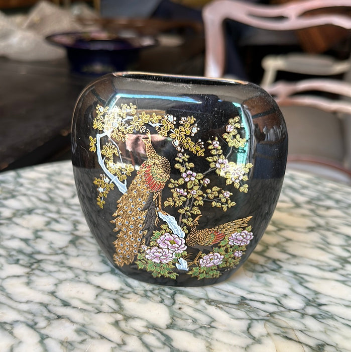 SMALL JAPANESE BLACK AND GOLD FLORAL THIN VASE