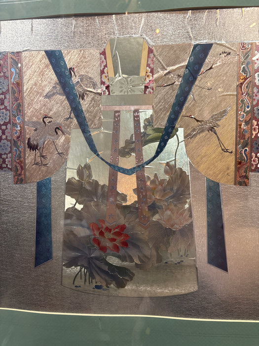 GOLD FRAMED FOIL REPLICA OF JAPANESE KIMONO WITH CRANES - SIGNED - AS FOUND
