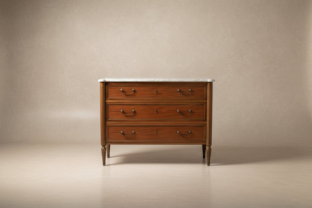 LOUIS XVI MAHOGANY WHITE MARBLE TOP CHEST