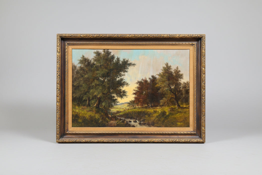 LARGE FRAMED SYLVAN LANSCAPE OIL PAINTING WITH STREAM BY W.E. POLDERMAN