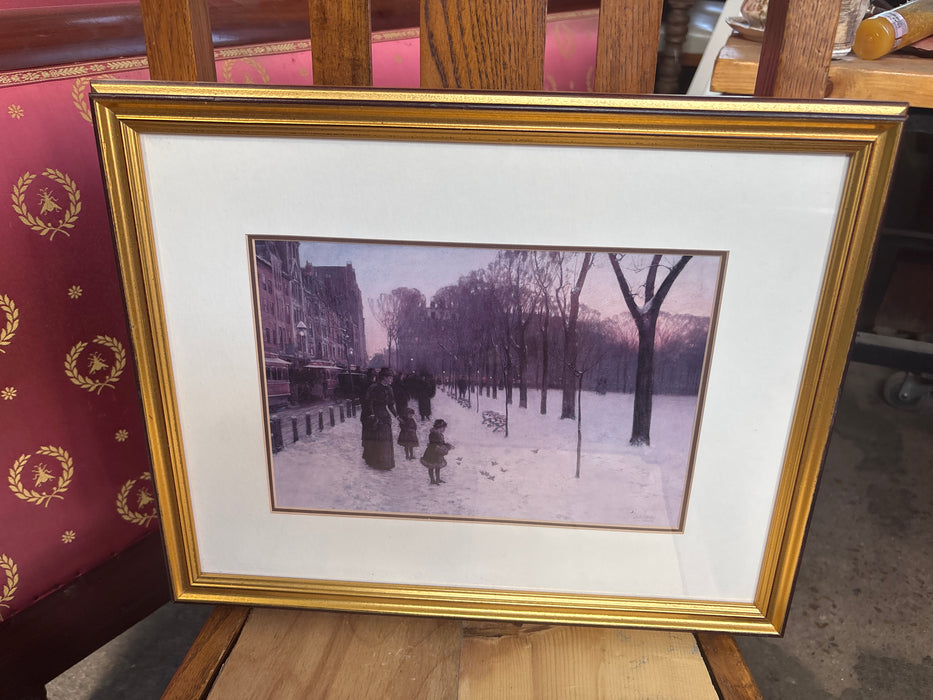 GOLD FRAMED FAMOUS ARTIST PRINT OF BOSTON COMMON AT TWILIGHT - SIGNED FREDERICK CHILDE HASSAM