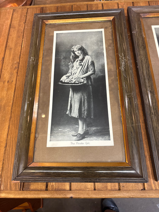 PAIR OF FRAMED BLACK AND WHITE PRINTS OF PEOPLE WITH GILT LINER "THE FLOWER GIRL" AND " THE CROSSING SWEEPER"