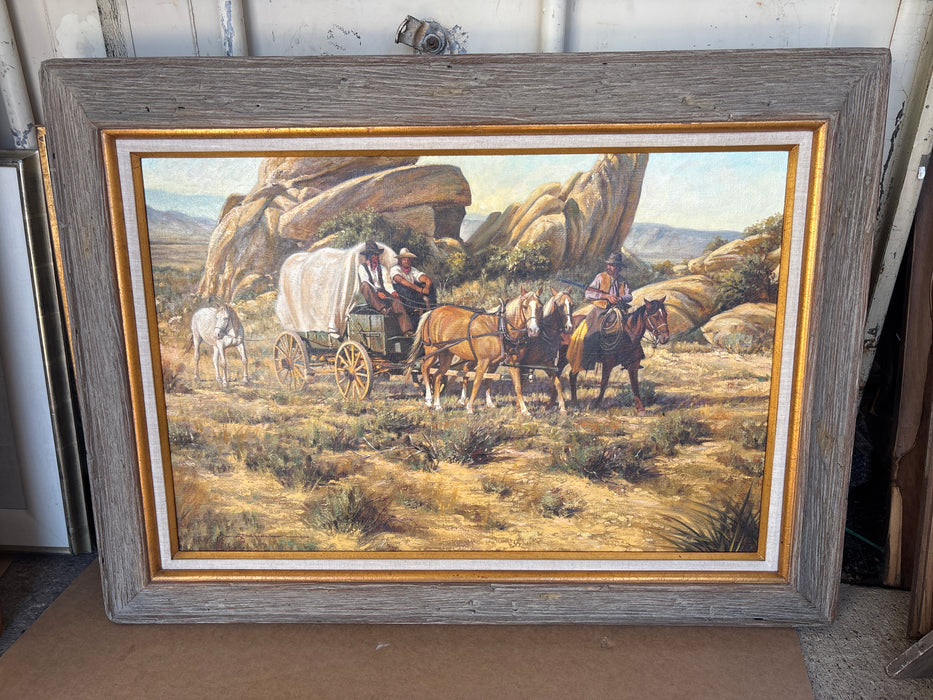 LARGE RUSTIC FRAMED WESTERN OIL PAINTING OF MEN IN HORSE DRAWN WAGON - SIGNED