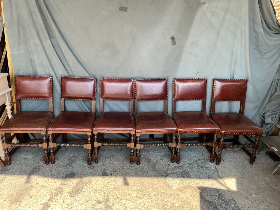 SET OF 6 RED LEATHER AND OAK TUDOR CHAIRS