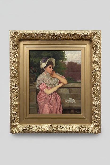 ORNATE GILT FRAMED OIL PAINTING ON CANVAS OF WOMAN IN PINK DRESS - SIGNED HERMAN HYNEMAN