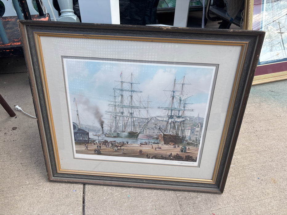 BROWN FRAMED "BERTHING AT SEMI-CIRCULAR QUAY, SYDNEY" SAILBOAT SCENE WITH SHORE FRONT STORE - SIGNED RAY CROSS '84