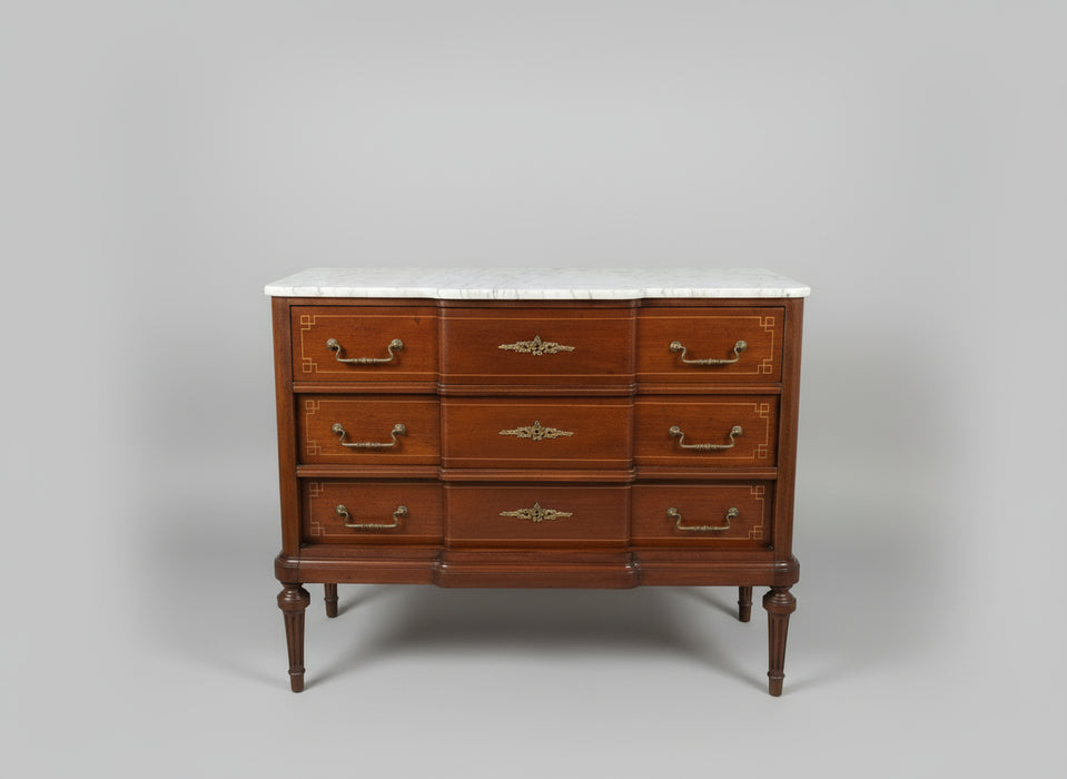 LOUIS XVI WHITE MARBLE TOP 3 DRAWER MAHOGANY CHEST