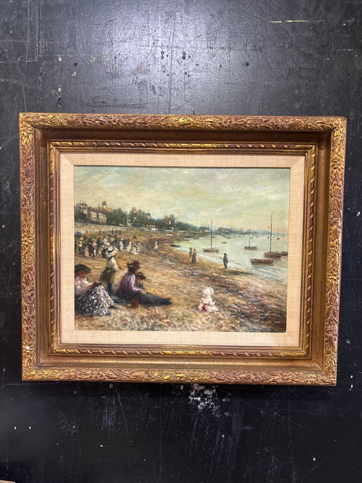 DARK GOLD FRAMED IMPRESSIONIST OIL PAINTING OF BEACH SCENE - SIGNED HENRI PLISSON