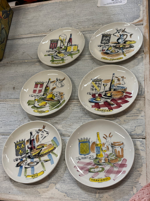 GIEN FRANCE SET OF 6 MIDCENTURY CHEESE AND WINE PLATES IN BOX