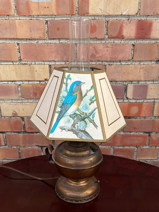 ELECTRIFIED OIL LAMP WITH BLUE BIRD SHADE