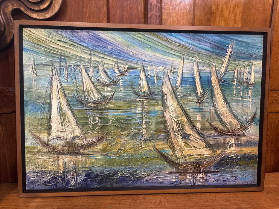 FRAMED MID CENTURY IMPRESSIONIST OIL PAINTING OF SAIL BOATS ON BOARD - SIGNED VAN HOOPLE